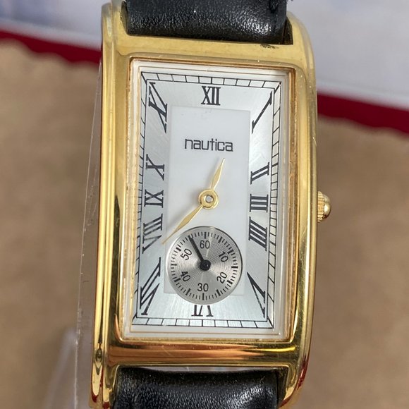 Vintage Nautica Gold Tone Tank Curvature Watch Roman Numeral